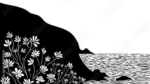 Ice plant carpeting a coastal bluff overlooking the ocean, Vectorized Plant Art