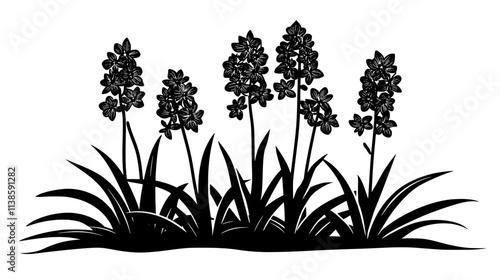Hyacinths growing in a garden bed, surrounded by natural greenery, Vectorized Plant Art