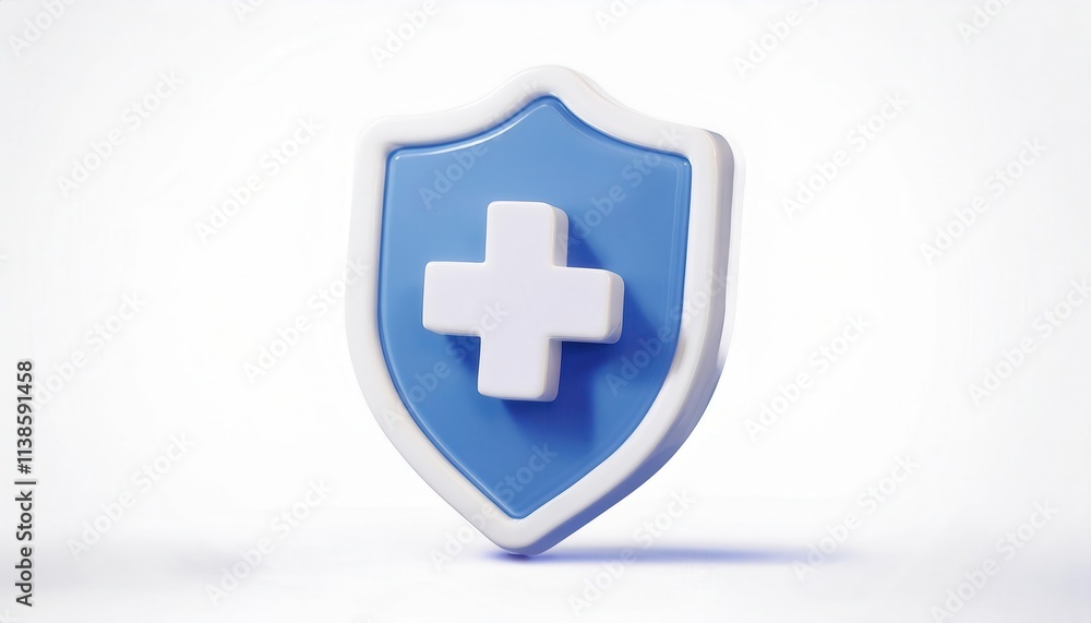 Obraz premium Blue Medical Shield with White Cross Symbol for Healthcare Security, Medical Protection, Health Insurance Concept, Cyber Health Safety, and Emergency Medical Care. Ideal for Healthcare Branding