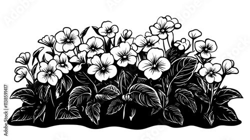 Impatiens plants with masses of flowers in a shade garden, Vectorized Plant Art