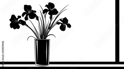 Iris stems in tall glass cylinder vase on window ledge, Vectorized Plant Art