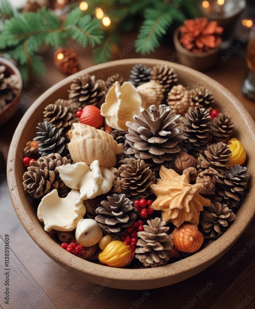 Shells and pinecones in a festive bowl on the coffee table, coffee table, Christmas, decor Shells and pinecones in a festive bowl on the coffee table, coffee table, Christmas, decor