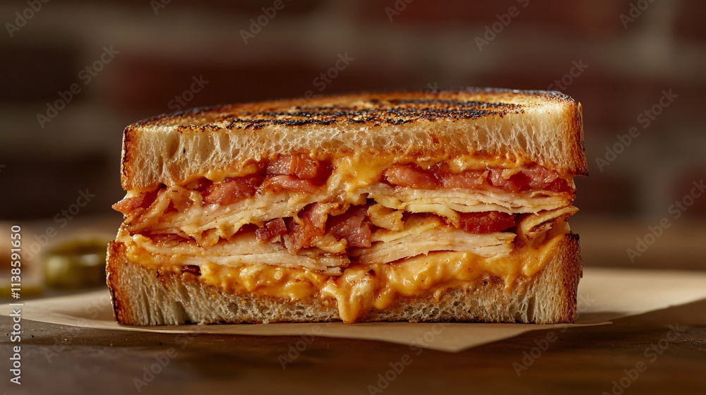 Close up of a grilled Reuben sandwich with a bite taken out, revealing its delicious layers, rustic backdrop featuring an old brick wall Close up of a grilled Reuben sandwich with a bite taken out, revealing its delicious layers, rustic backdrop featuring an old brick wall