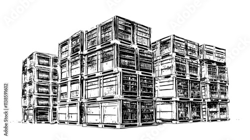Large stacks of flower crates ready for wholesale distribution in a storage facility, Vectorized Plant Art