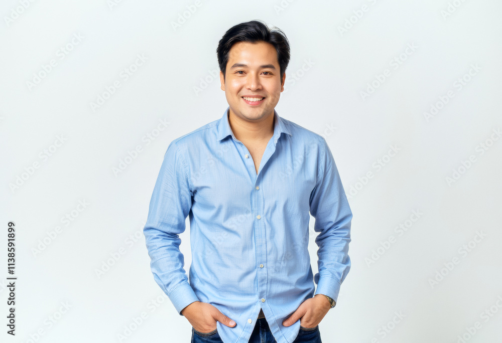 A commercial portrait photo of a model on a white studio background: a man in a blue shirt and jeans standing with his hands in his pockets, smiling against a white background. A commercial portrait photo of a model on a white studio background: a man in a blue shirt and jeans standing with his hands in his pockets, smiling against a white background.