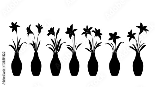 Lilies organized in a neat row of vases, standing upright with visible stems, Vectorized Plant Art