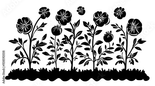 Marigolds bordering a vegetable patch with tomato plants, Vectorized Plant Art