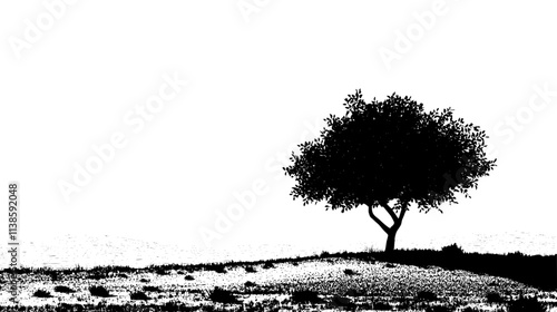 Mesquite tree providing shade in a barren landscape, Vectorized Plant Art