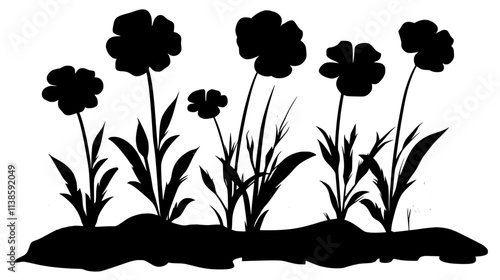 Marigolds blooming in an annual flower bed with clean mulch, Vectorized Plant Art