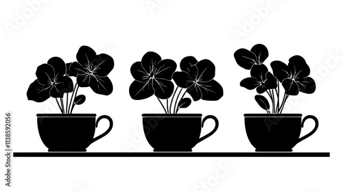 Miniature African violets in teacup planters on a windowsill, Vectorized Plant Art