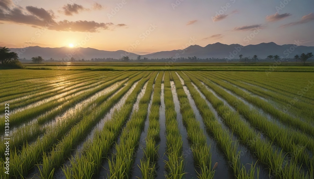 Silvery light highlights a sea of ripening rice fields at dawn , sea, rice fields Silvery light highlights a sea of ripening rice fields at dawn , sea, rice fields