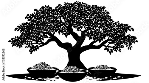 Myrrh tree with resin collecting in bowls beneath, Vectorized Plant Art