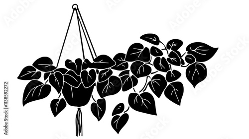 Neon pothos trailing from a macramé plant hanger in the corner, Vectorized Plant Art