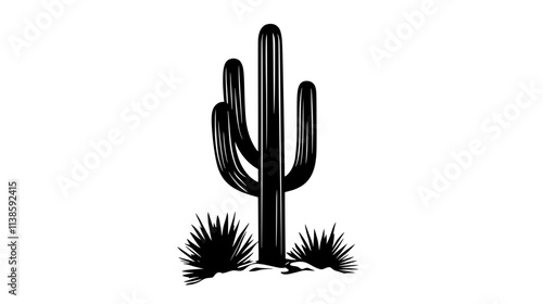 Organ pipe cactus with multiple tall, ribbed columns growing together, Vectorized Plant Art