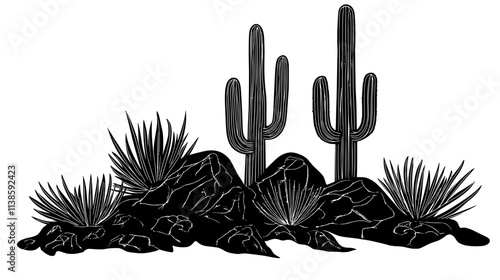 Organ pipe cactus growing on a rocky slope, Vectorized Plant Art