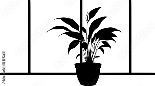 A peace lily plant on a living room floor in front of a large window, Vectorized Plant Art
