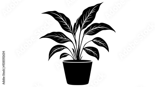 A peace lily plant growing in a small indoor pot with lush green foliage, Vectorized Plant Art