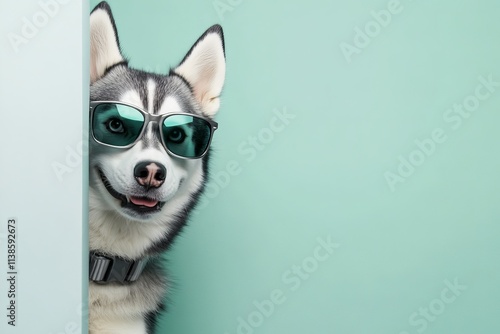 Siberian husky with sunglasses playfully peeking from behind a wall, against a teal background, exuding coolness and fun. photo