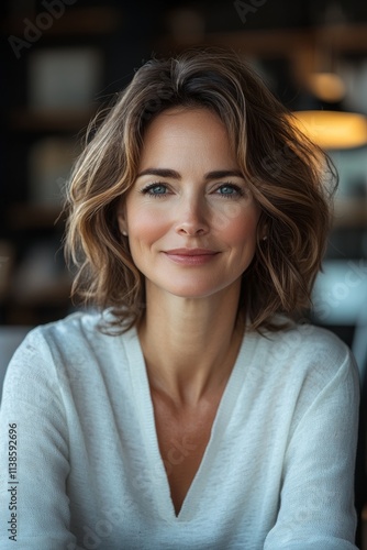 A woman with short brown hair and a warm smile, wearing a white sweater in a softly lit environment.