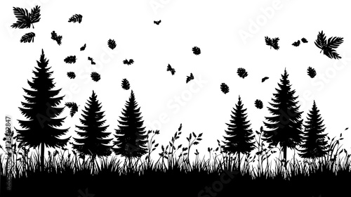 Pine tree with cones in a forest clearing, Vectorized Plant Art