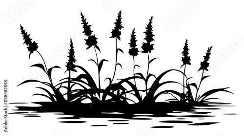 Pickerelweed with purple flower spikes emerging from a water garden, Vectorized Plant Art