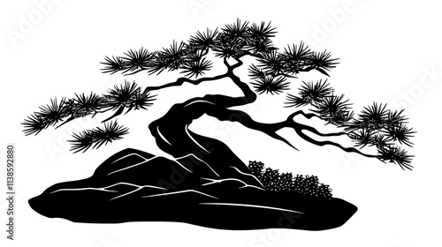 Pine bonsai with needles and cones on a rock slab, Vectorized Plant Art