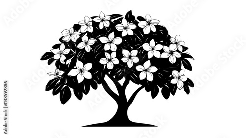 Plumeria tree with clusters of flowers in a tropical setting, Vectorized Plant Art