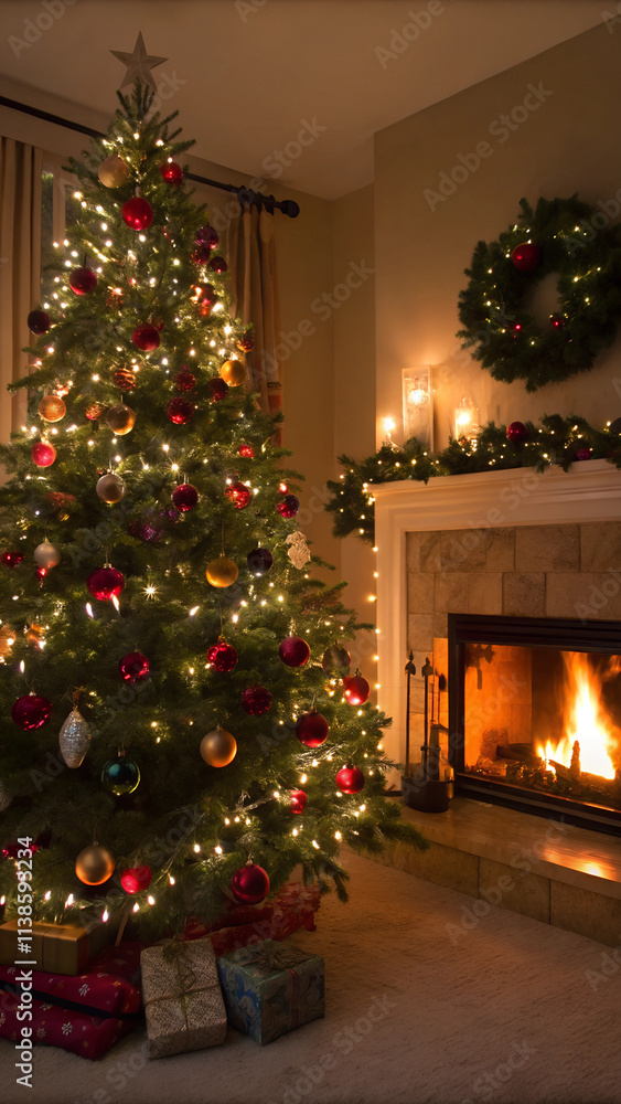 Christmas Tree with decorations near a fireplace with lights. Christmas Tree with decorations near a fireplace with lights.