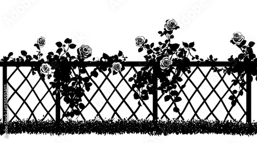 Roses climbing along a trellis in a landscaped garden area, Vectorized Plant Art