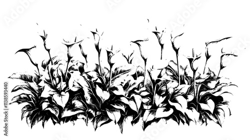 A row of planted Calla lilies growing in a controlled flower bed, Vectorized Plant Art