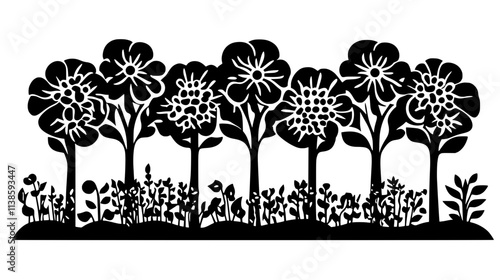 Rows of flower beds in an outdoor field grown without chemicals, Vectorized Plant Art