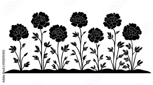 Row of tree peonies growing in a landscaped flower bed, Vectorized Plant Art