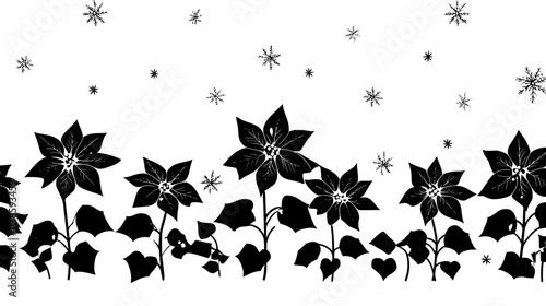 Rows of poinsettias in a park surrounded by winter foliage, Vectorized Plant Art