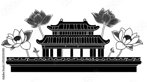 Sacred lotus in full bloom on a temple altar, Vectorized Plant Art