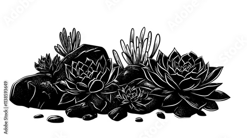 Sempervivum with multiple rosettes of pointed leaves in a rock garden, Vectorized Plant Art