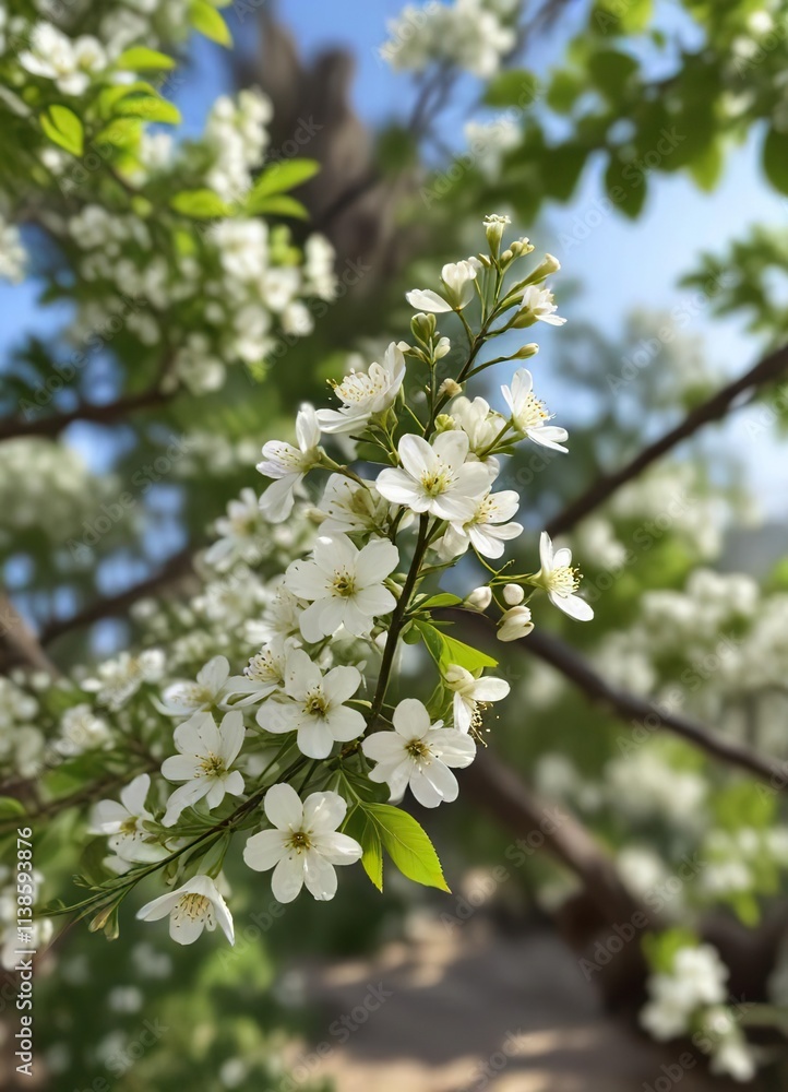Small white flowers swaying gently in the breeze on a slender tree branch , swaying, garden, white flowers Small white flowers swaying gently in the breeze on a slender tree branch , swaying, garden, white flowers