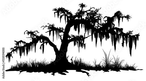 Spanish moss hanging from oak branches in a swamp, Vectorized Plant Art