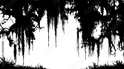 Spanish moss draping from tree branches in a swamp, Vectorized Plant Art
