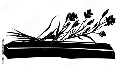 Spray of gladiolus stems laying across closed casket lid, Vectorized Plant Art
