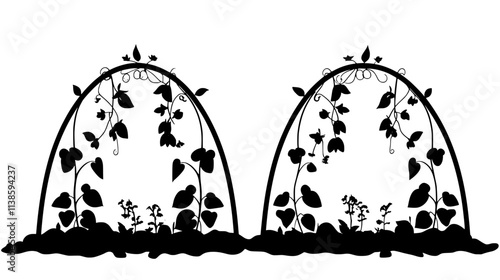 Sweet peas climbing on a teepee trellis in a cottage garden, Vectorized Plant Art