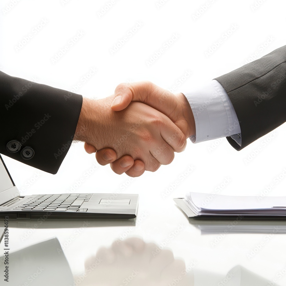 Two professional businesspeople shaking hands over a sleek modern desk, with a laptop and documents neatly arranged, on a white background Two professional businesspeople shaking hands over a sleek modern desk, with a laptop and documents neatly arranged, on a white background
