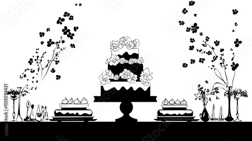 Tiered cake-shaped flower display on party buffet table, Vectorized Plant Art