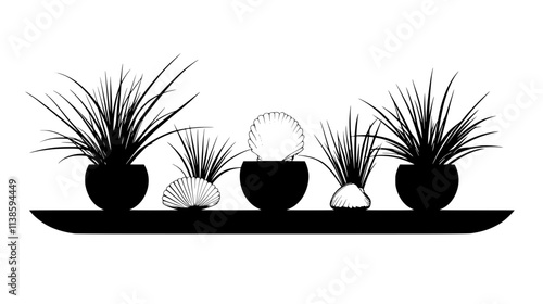 Tiny air plants nestled in seashells on a bathroom shelf, Vectorized Plant Art