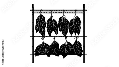 Tobacco leaves drying on racks in a curing barn, Vectorized Plant Art