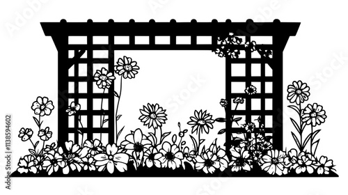 Various garden flowers growing near a wooden trellis in a landscaped area, Vectorized Plant Art