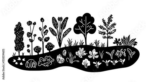 Vegetable garden with companion planting and mulched pathways, Vectorized Plant Art