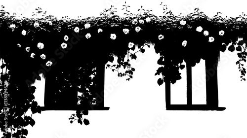 Wall of roses covering a building's exterior facade, Vectorized Plant Art
