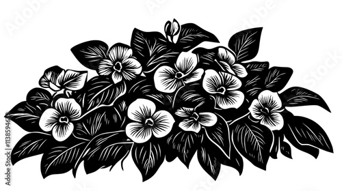 Vinca minor spreading under shrubs in a shaded garden, Vectorized Plant Art
