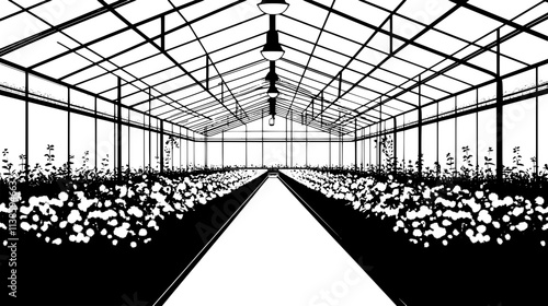 Watering system operating in a greenhouse with rows of flowering plants, Vectorized Plant Art