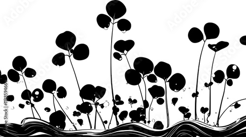 Watercress growing in a clear, flowing stream, Vectorized Plant Art